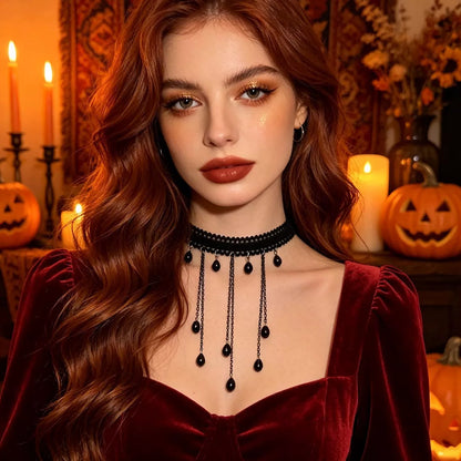 Gothic Lace Choker Necklace with Teardrop Dangle Charms