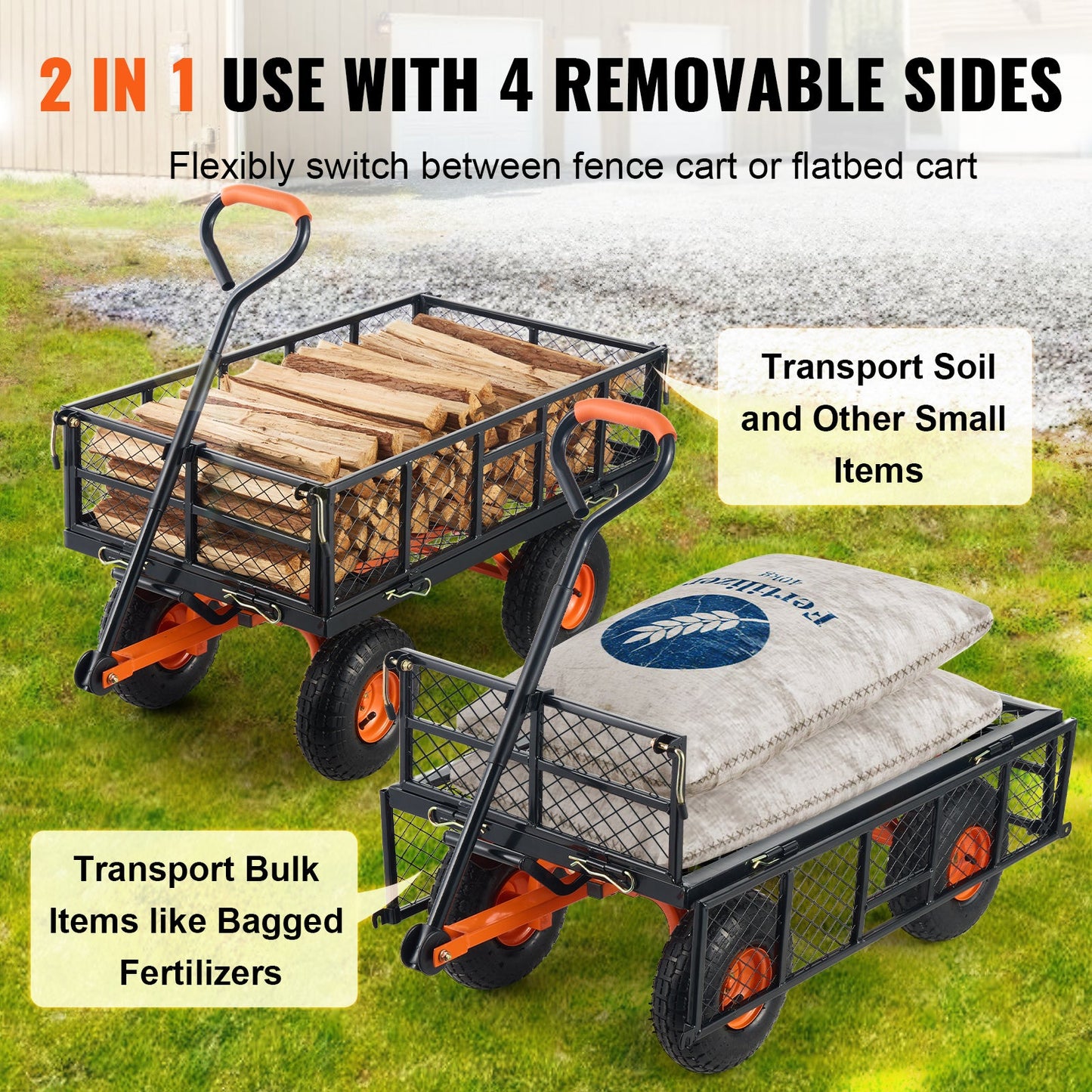 Metal Garden Dump Cart with Easy-Assemble Frame and Convertible Handle