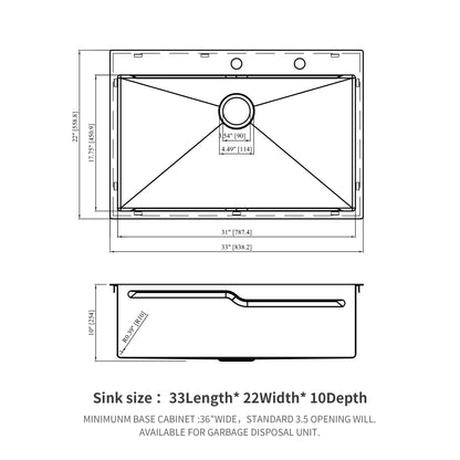33" Drop In Kitchen Sink