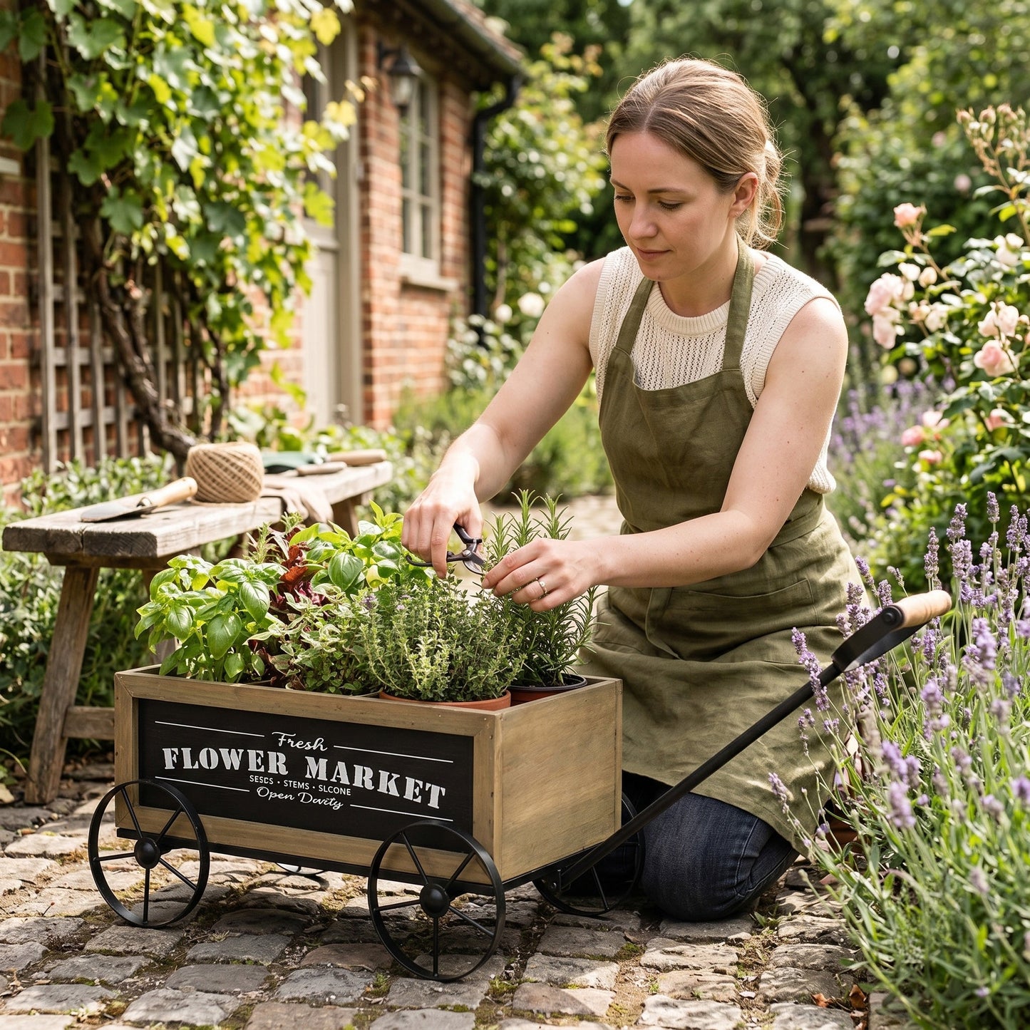 16.5x9.5x8" Rustic Wooden Wagon Planter with Flower Market Sign