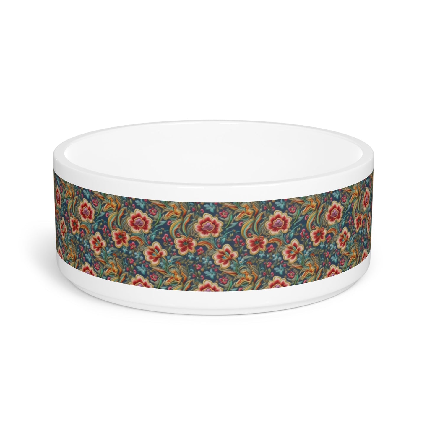 Crimson Blossoms on Teal Vintage Brocade Pattern - Pet Bowl