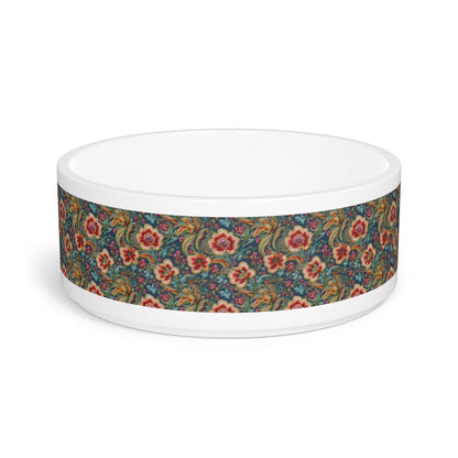Crimson Blossoms on Teal Vintage Brocade Pattern - Pet Bowl
