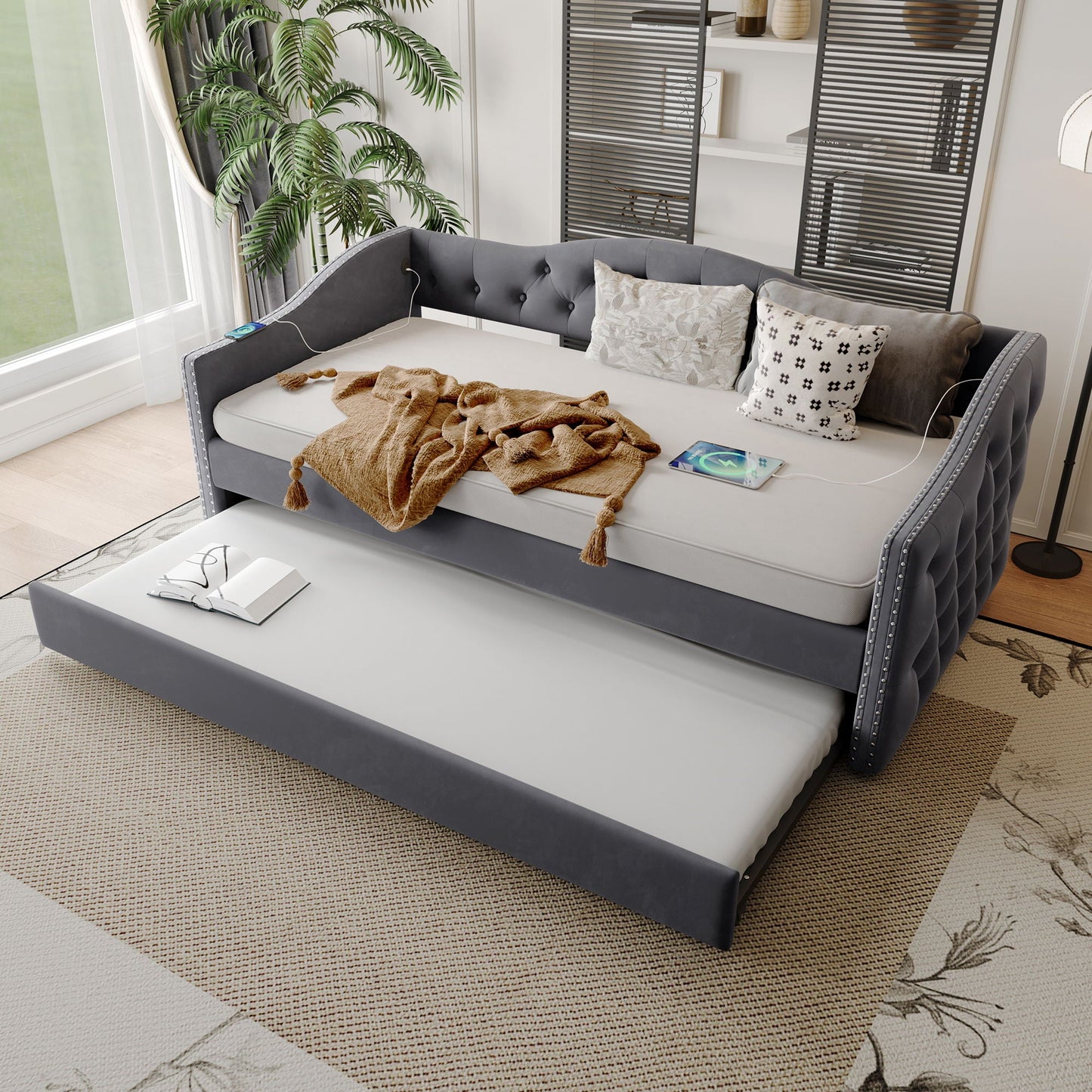 Twin Size Upholstered Daybed With Trundle And USB Charging Design For Bedroom - Gray