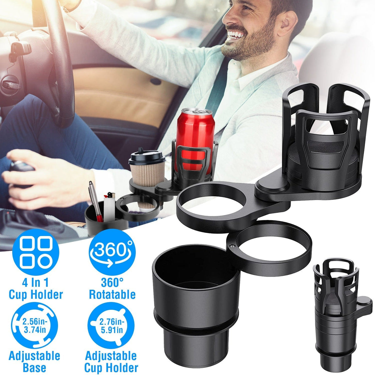 4 In 1 Car Cup Holder Expander Adapter Multifunctional Water Cup Mount Stand 360¡ Rotating Drink Bottle Organizer with Adjustable Base