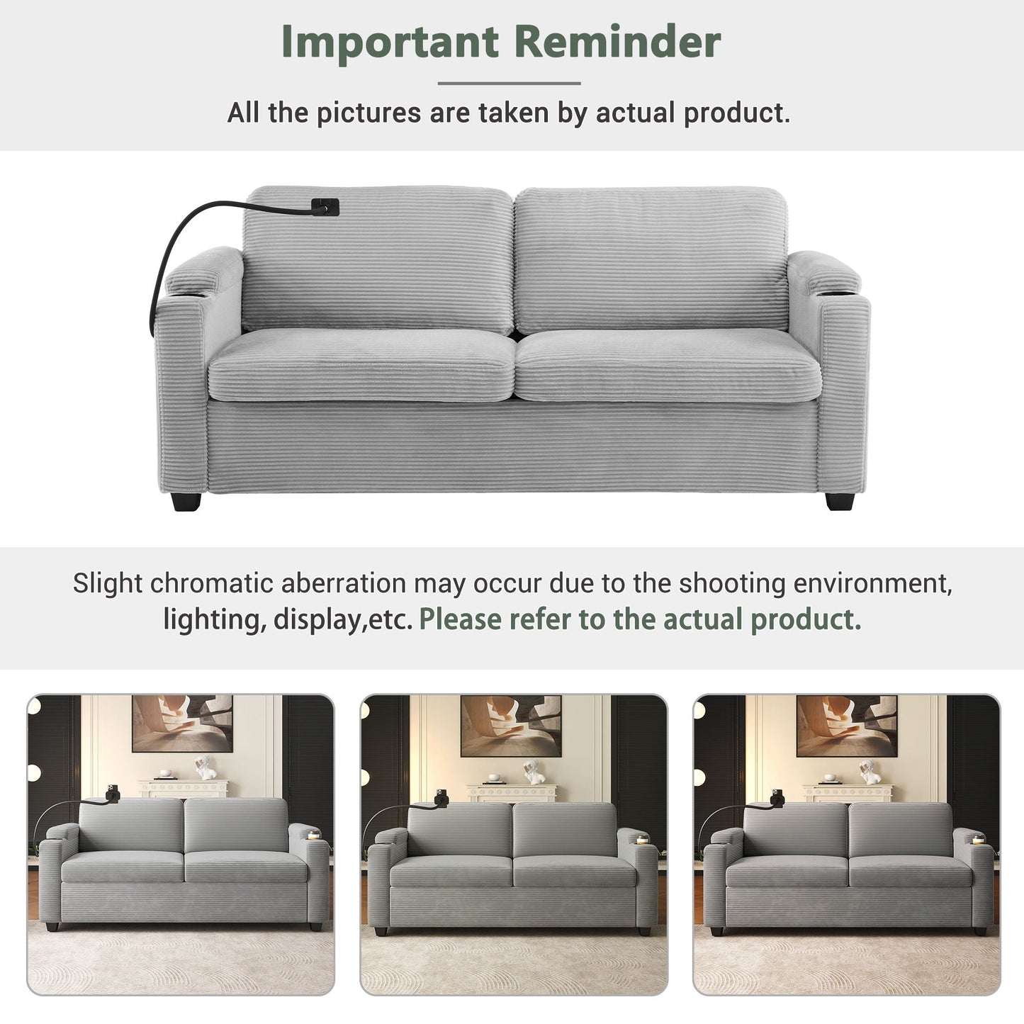 Sleeper Sofa Loveseat Sofa With Full Size Mattress, 2 USB Ports, 2 Cup Holders, 2 Side Pockets And Phone Holder