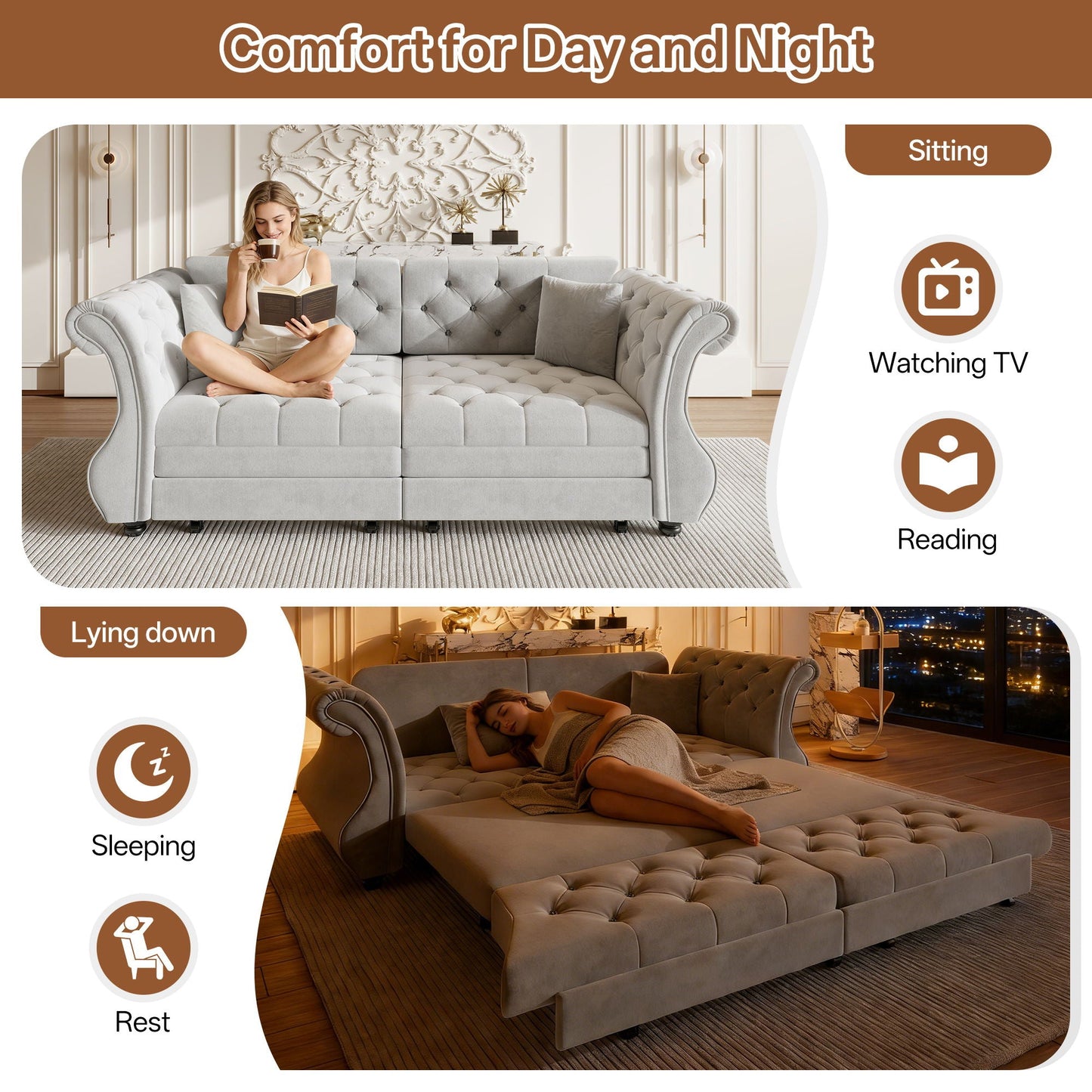 Oversized Chesterfield Pull Out Sofa Bed, Roll Arm Couch With Flower Tufting For Living Room