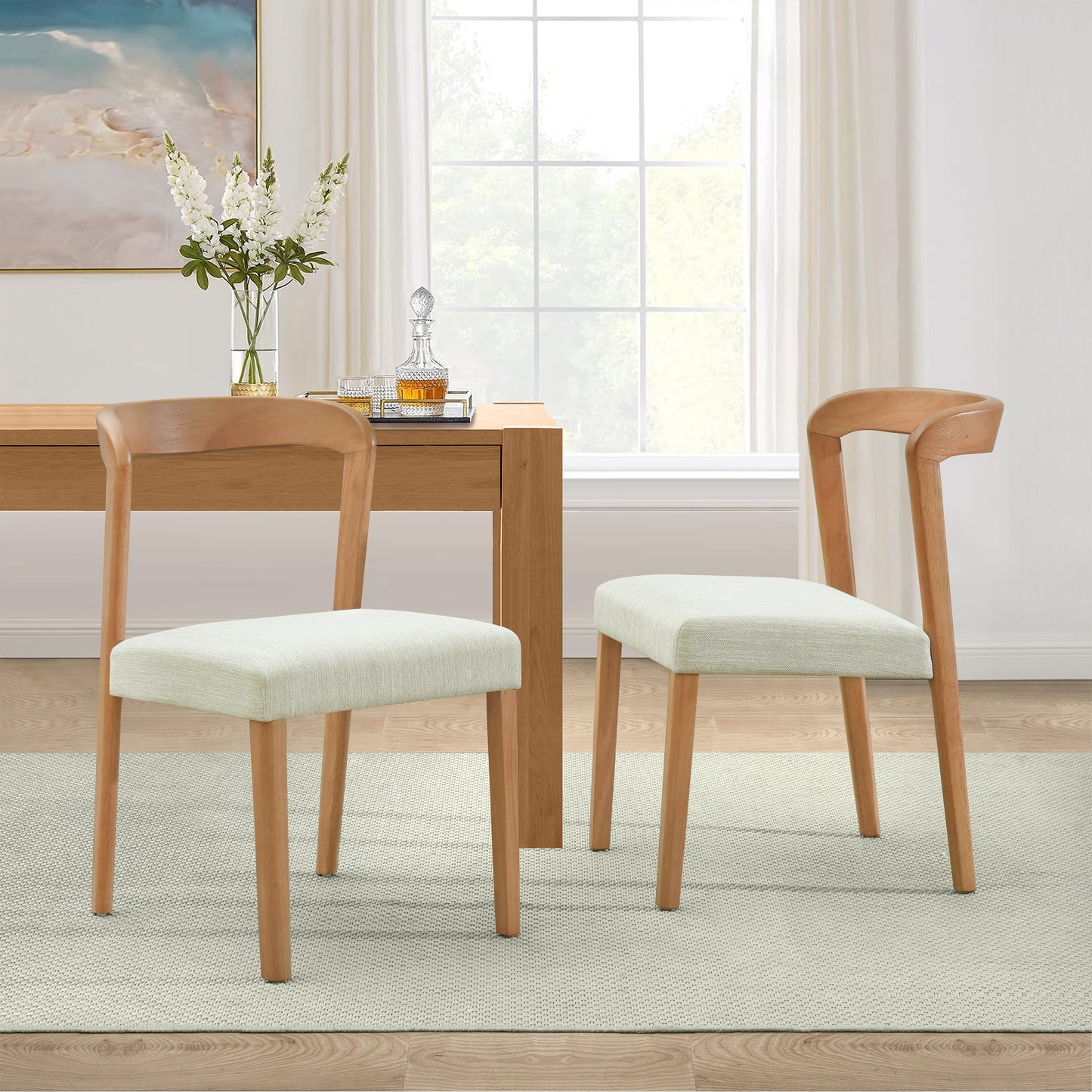 Solid Rubber Wood Dining Chairs (Natural Oak + Beige) Set of 2