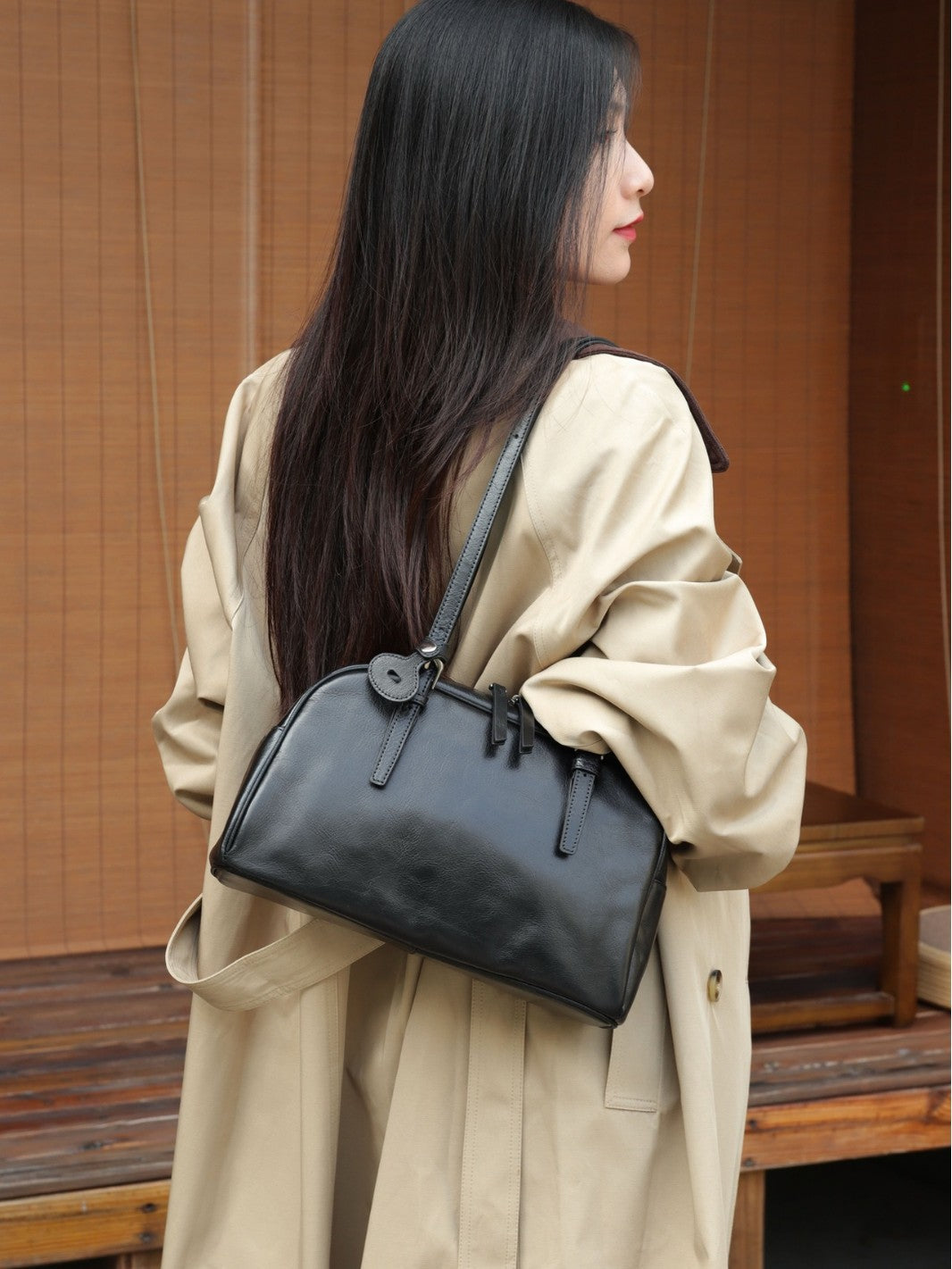 Top-grain Tree Gum Cowhide Bowling Bag, Large Capacity, Simple Design, Handheld, Single Shoulder, Crossbody, Commuter Underarm Women's Bag