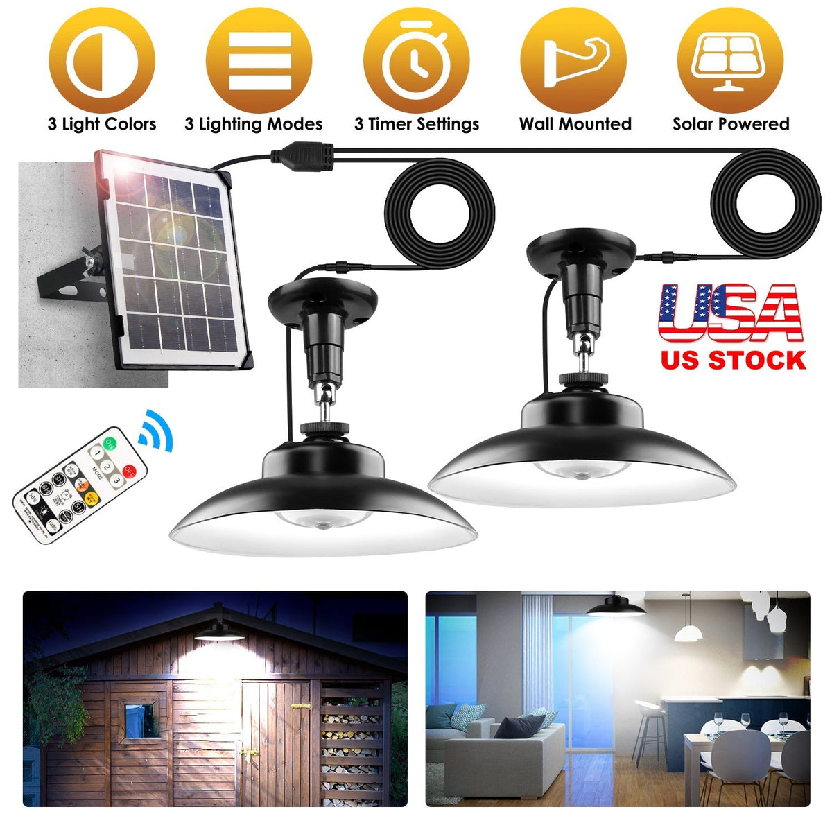 2Pack Solar Shed Lights with Separate Panel Wall Mounted Solar Pendant Light Indoor Outdoor with Remote Timer 3 Modes 3 Light Colors IP 55 Waterproof