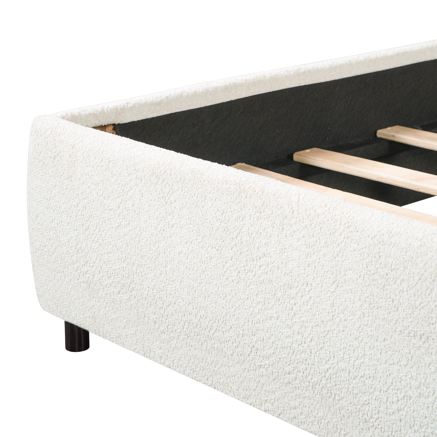King Size Upholstered Bed Frame With Boucle Fabric Curved And Wide Headboard