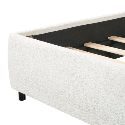 King Size Upholstered Bed Frame With Boucle Fabric Curved And Wide Headboard