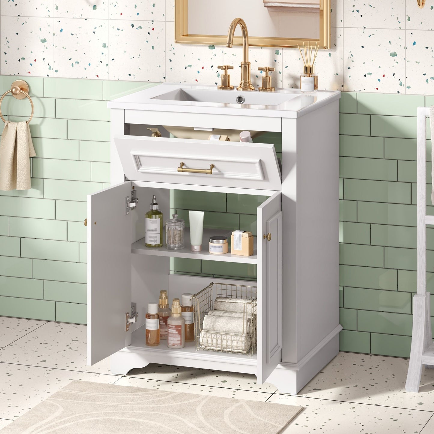 Bathroom Vanity With Integrated Sink, 2 Door Cabinet With Tip Out Drawer