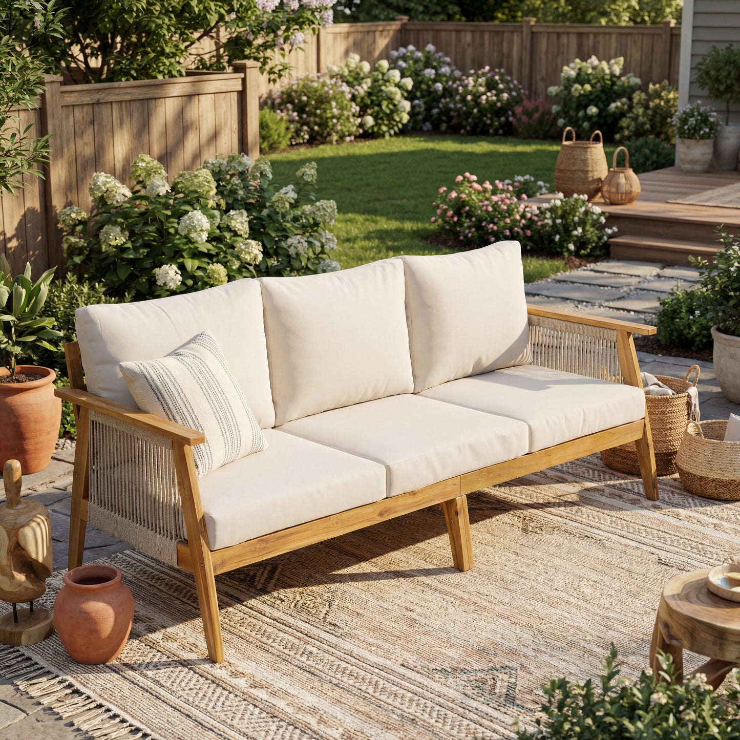 Outdoor Acacia Wood and Rope 3 Seater Patio Sofa