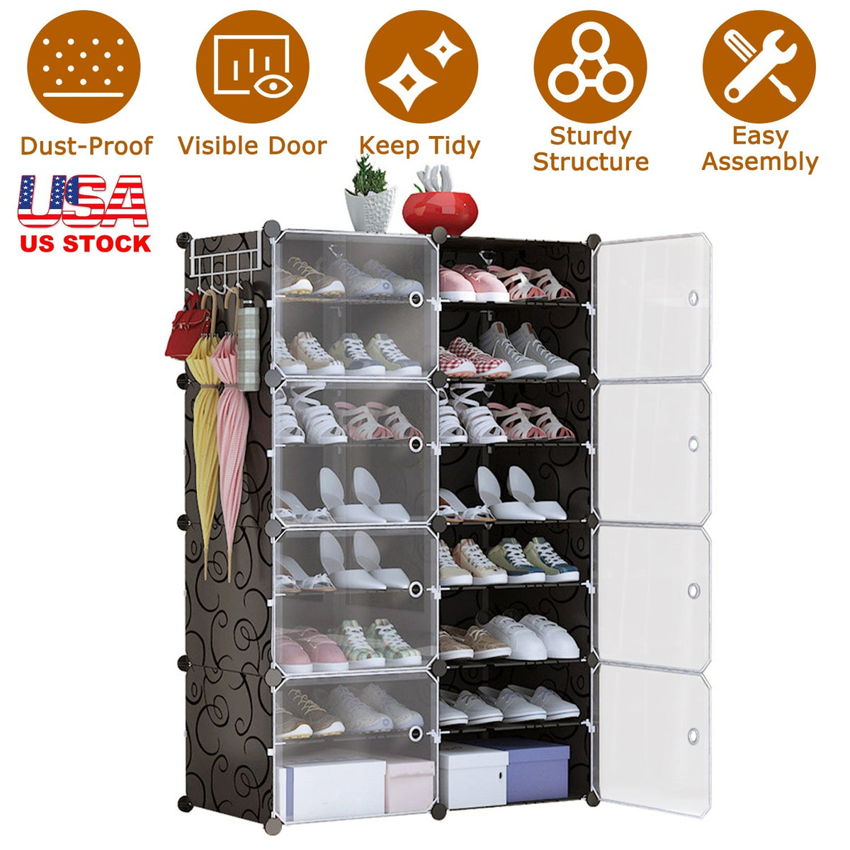 8-Tier Shoe Rack Organizer with Transparent Doors, 32 Pairs