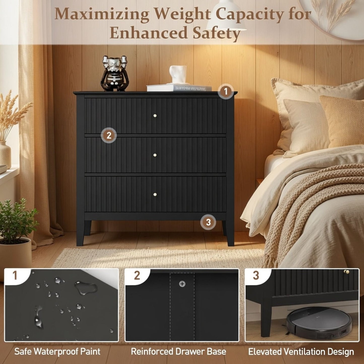 Fluted 3 Drawer Nightstand With Soft Close Slides