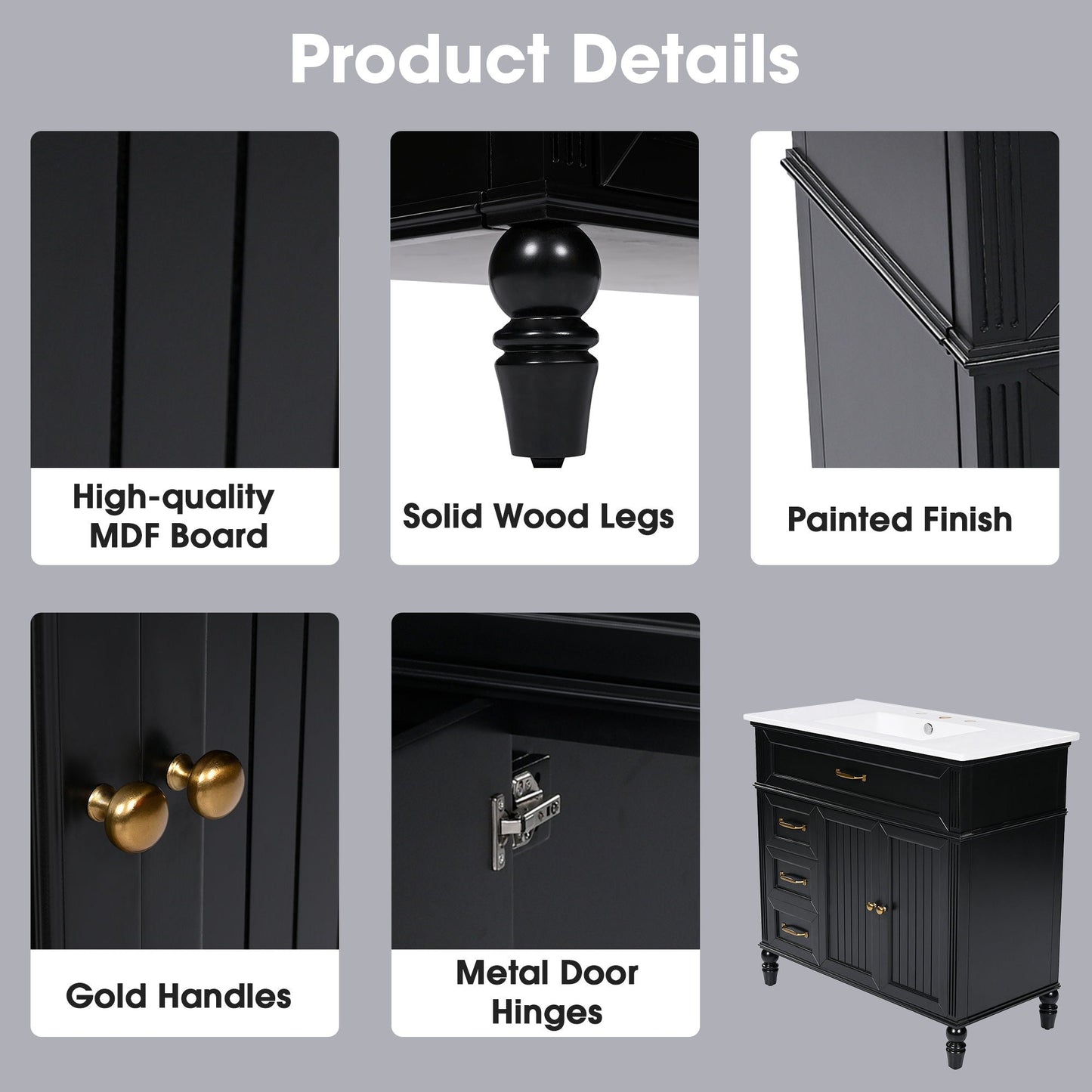 Bathroom Vanity With Sink, 2 Doors 2 Drawers, Freestanding Design