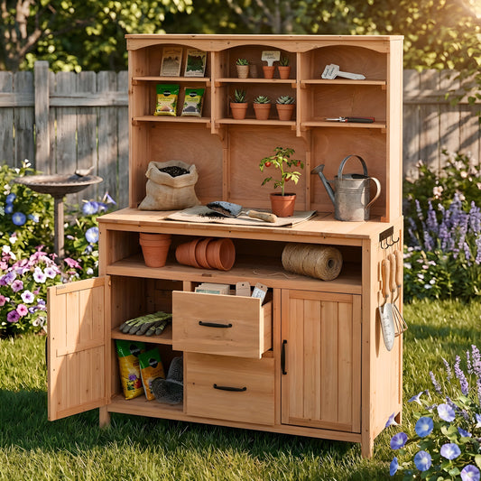 TOPMAX Large Fir Wood Potting Bench with Hutch, Cabinets & Drawers