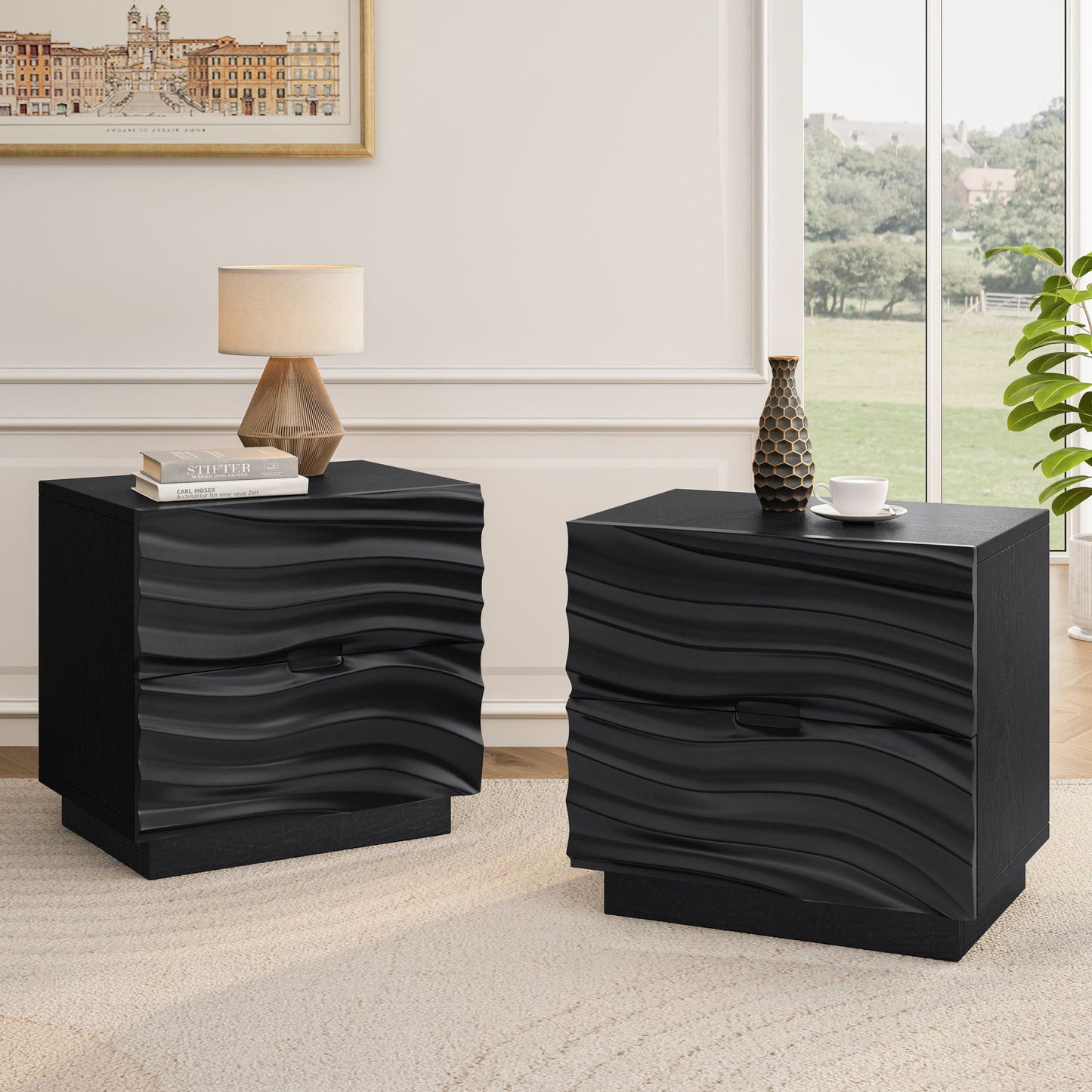 Nightstands, Bedside Table With 2 Drawers (Set of 2) - Black