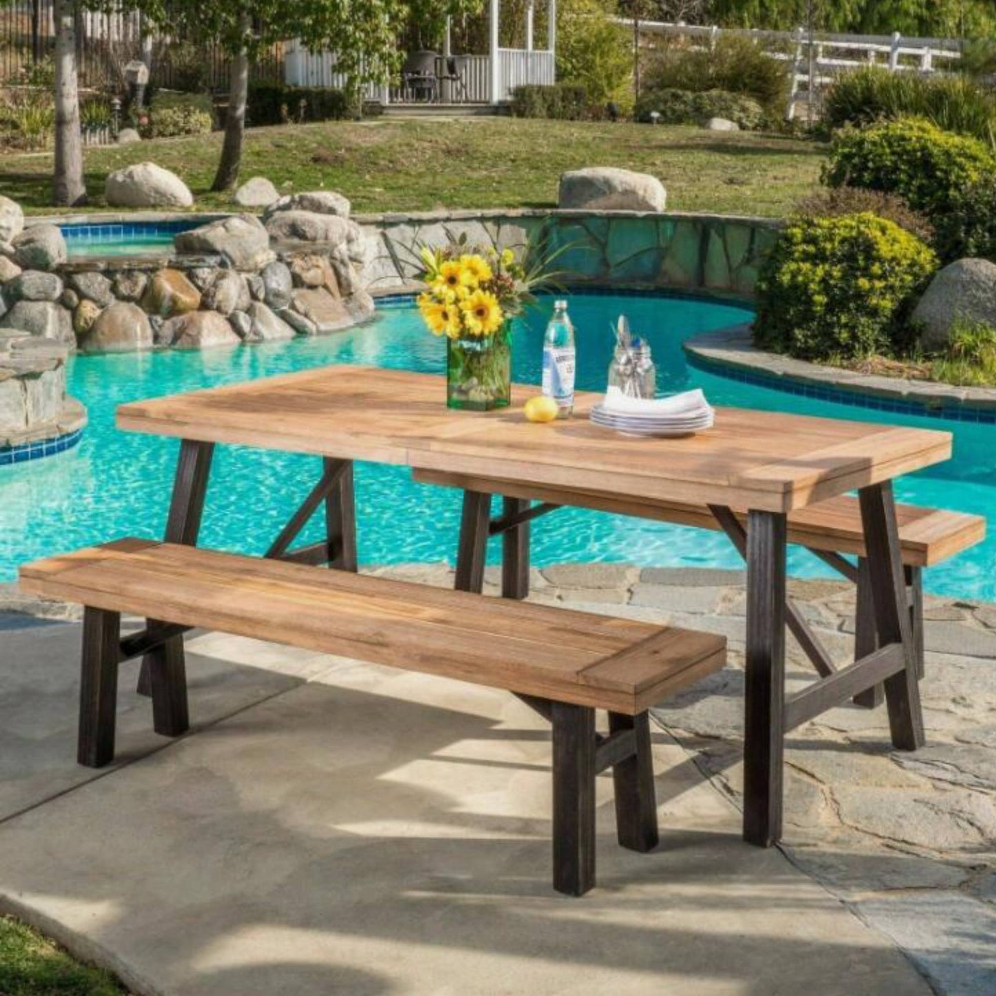 Outdoor Dining Set with 2 Benches and 1 Dining Table - Light Brown