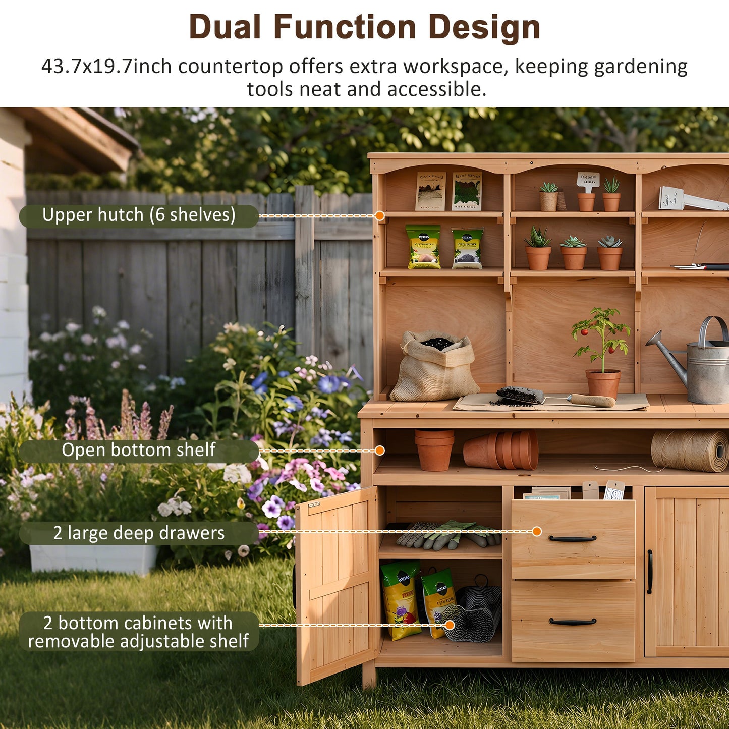 TOPMAX Large Fir Wood Potting Bench with Hutch, Cabinets & Drawers