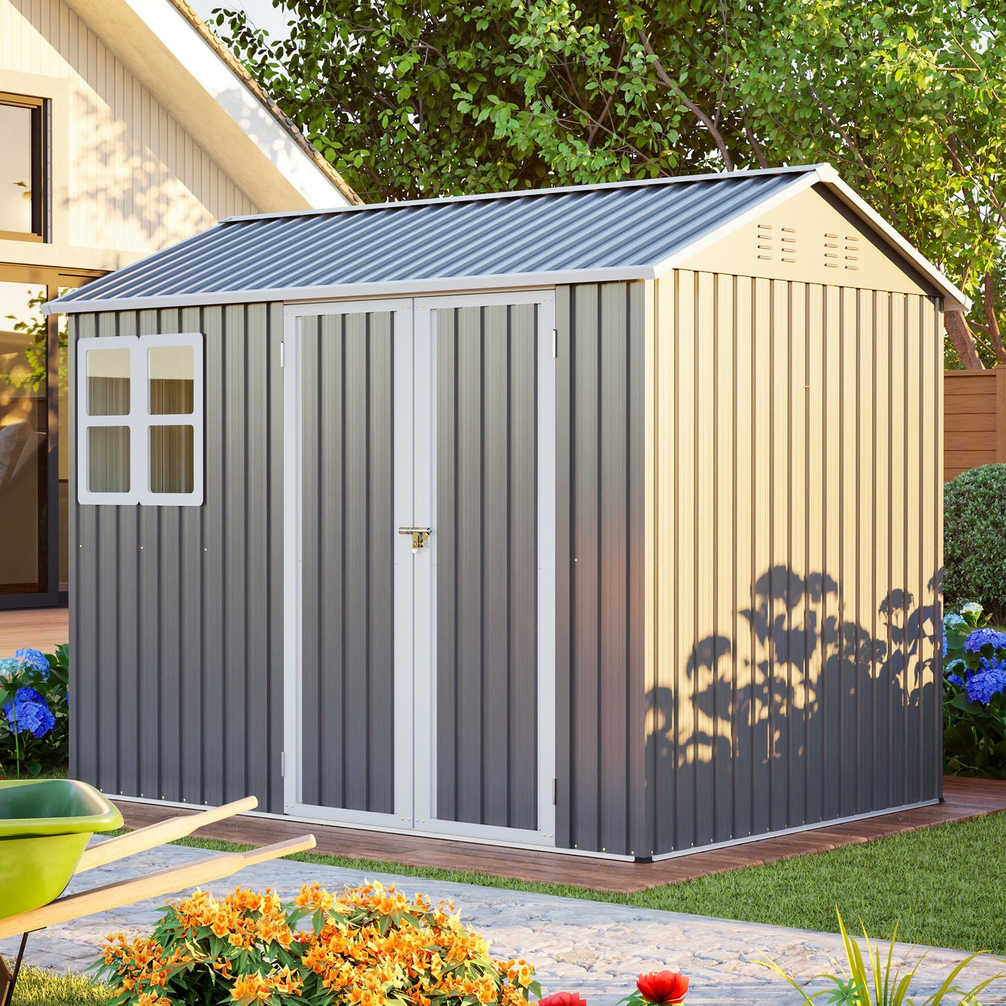 8'x6' Large Steel Storage Shed with Window, Lockable Doors & Sloped Roof