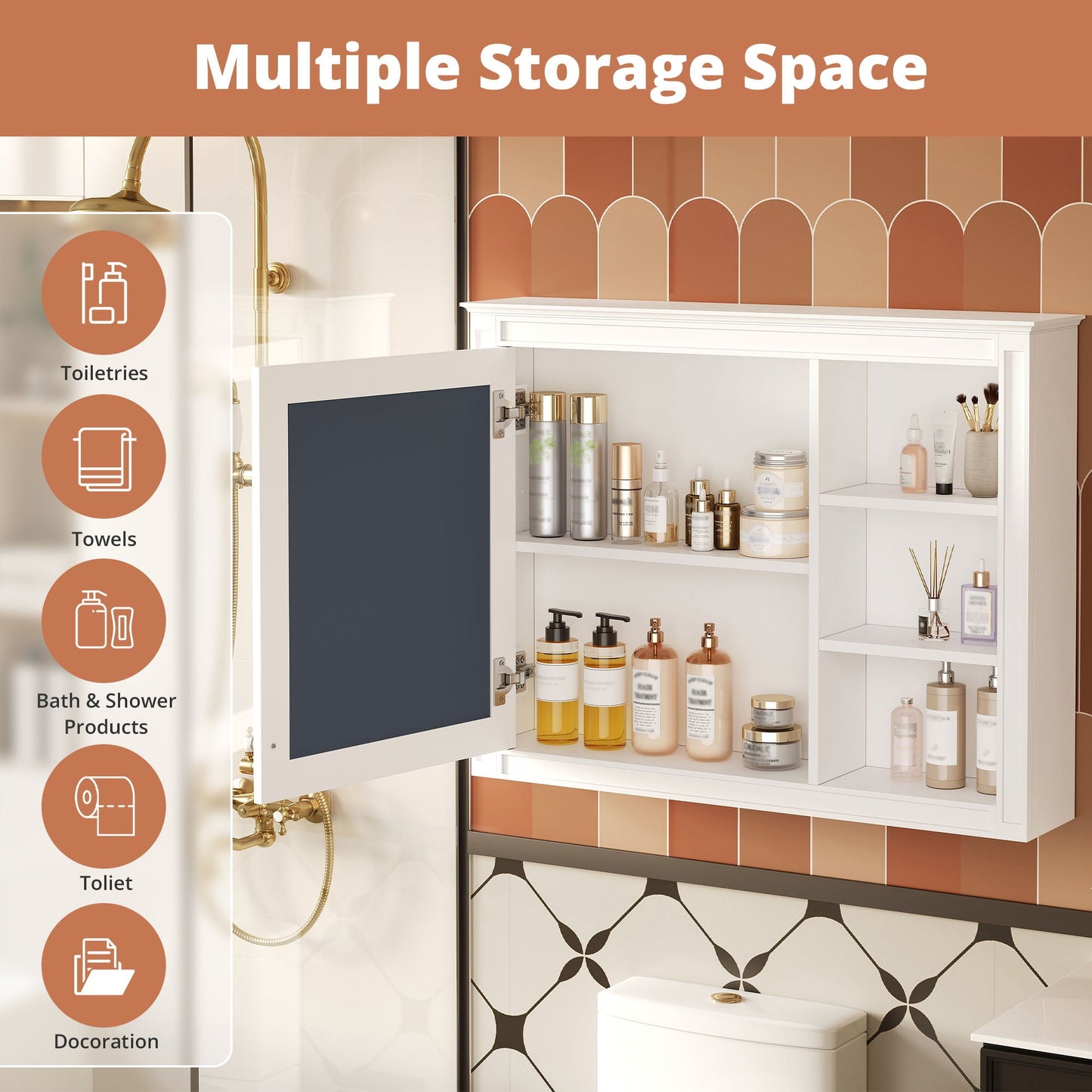 Wall Mounted Medicine Cabinet With Mirror, Adjustable Shelf - White