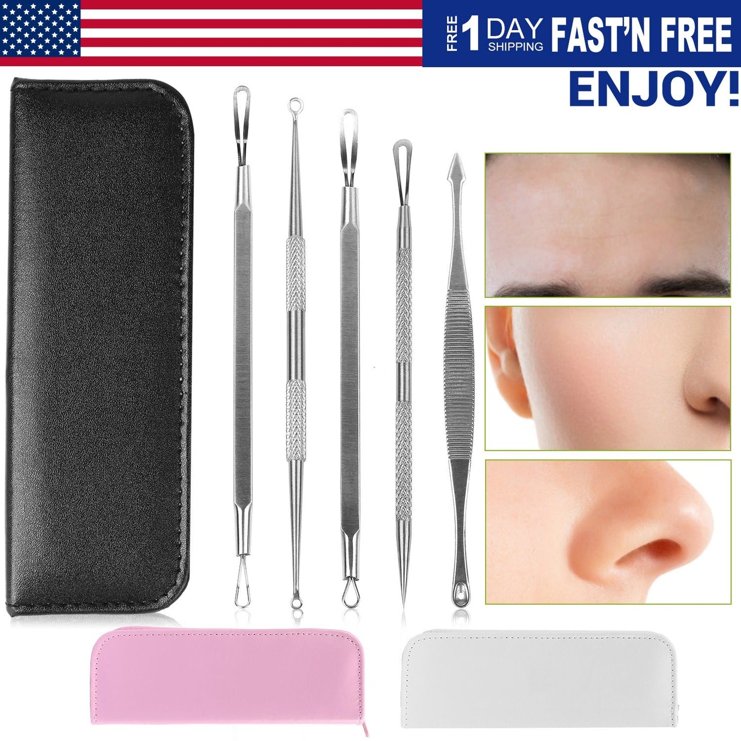 5 Pcs Blackhead Remover Kit Pimple Comedone Extractor Tool Set Stainless Steel Facial Acne Blemish Whitehead Popping Zit Removing for Nose Face Skin C