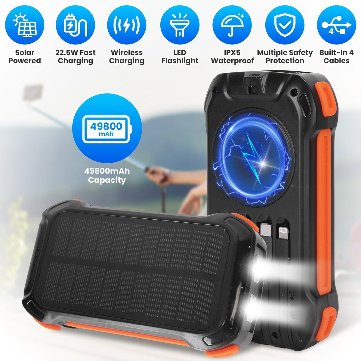 Portable Solar Charger 49800mAh Power Bank External Battery Pack 22.5W PD Fast Charging Built in 4 CablesÊ15W Wireless Charging LED Flashlight for Cam