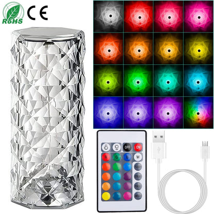 Crystal Diamond Rose Table Lamp Dimmable Remote Touch Control Beside LED Night Light Rechargeable 16 Color Change Atmosphere Bar Lamp