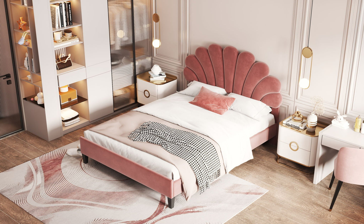 Upholstered Platform Bed With Flower Pattern Headboard