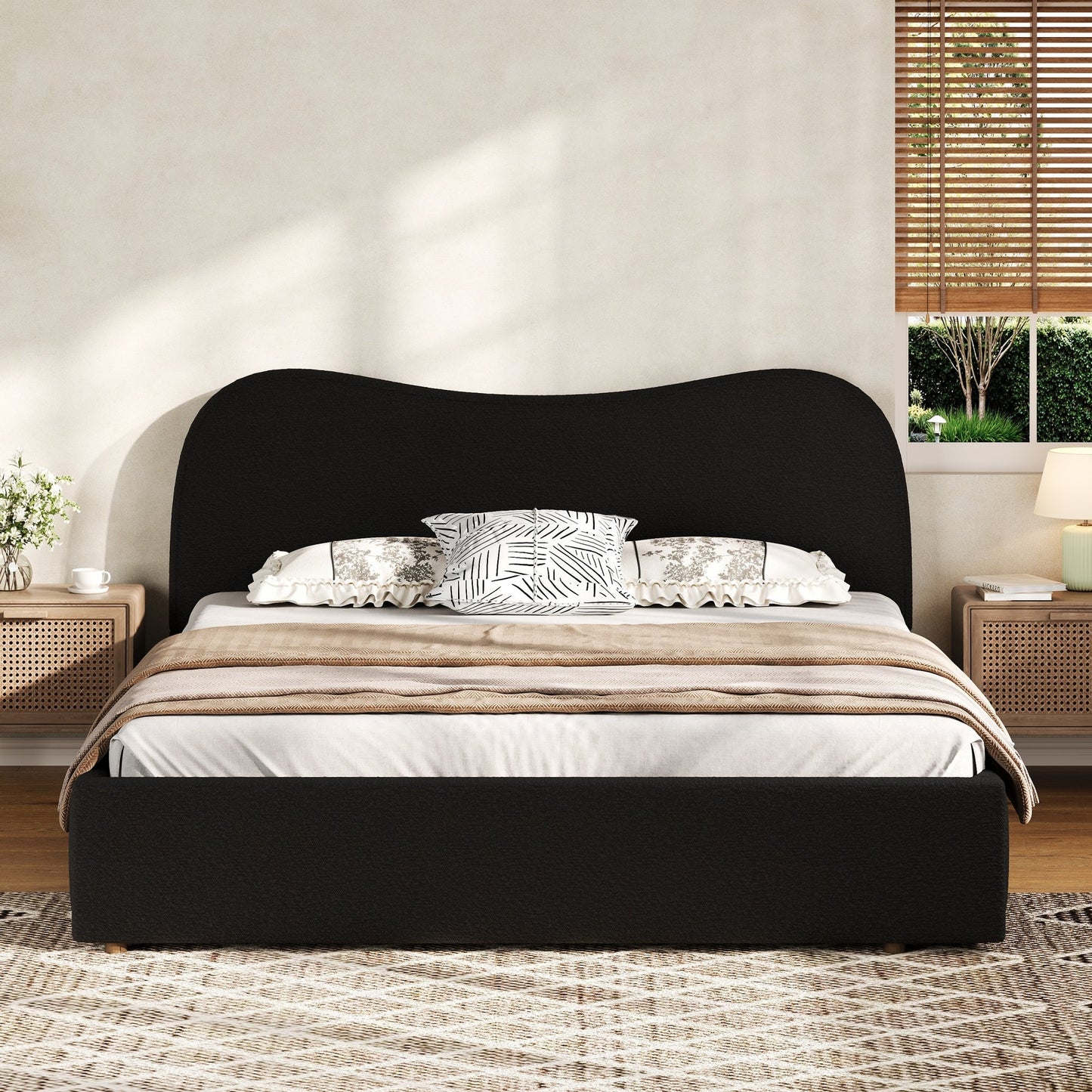 King Size Upholstered Platform Bed with Wooden Slats