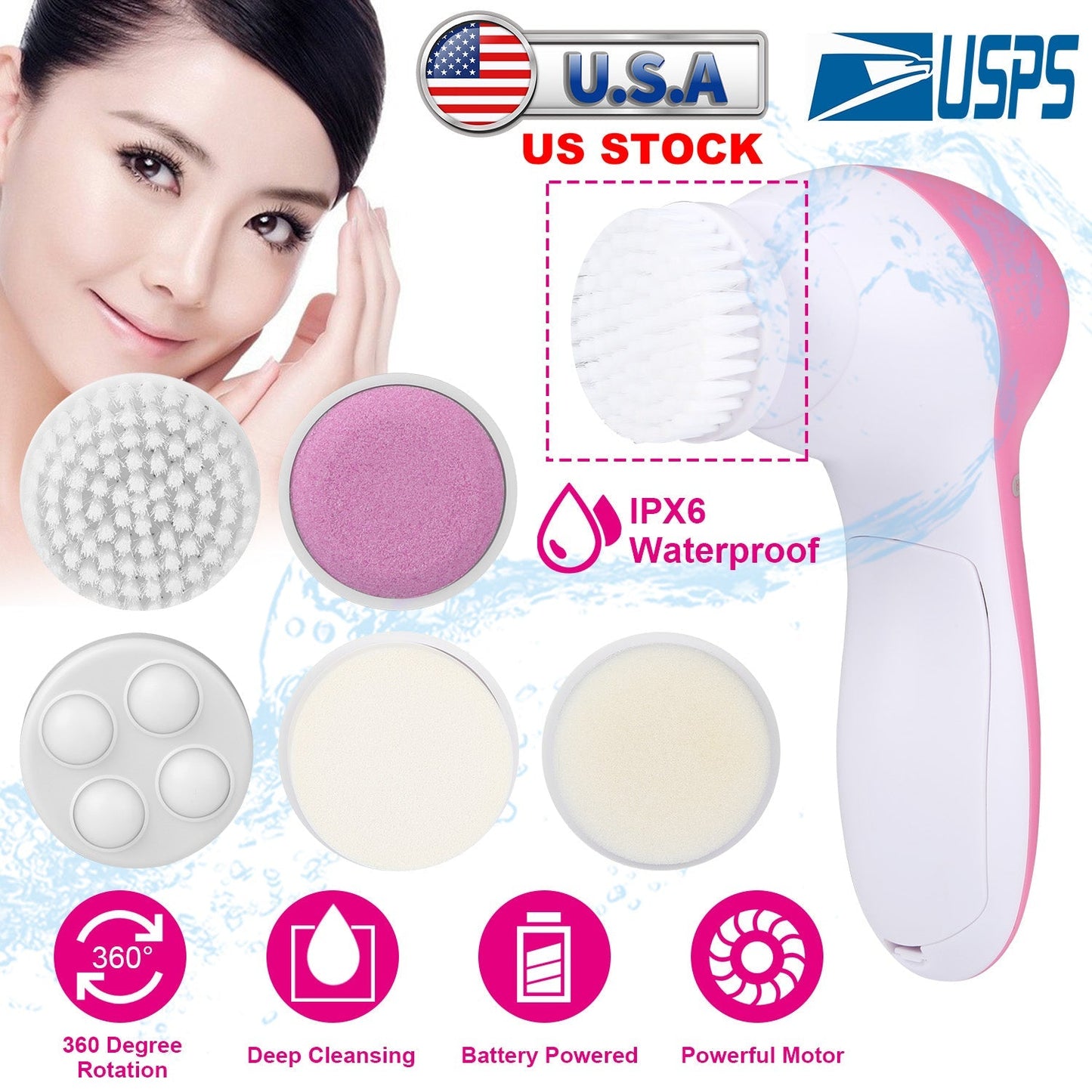 Facial Cleansing Brush Waterproof Face Spin Cleaning Brush with 5 Brush Heads Deep Cleansing Body Facial Brush Set for Gentle Exfoliating Removing Bla