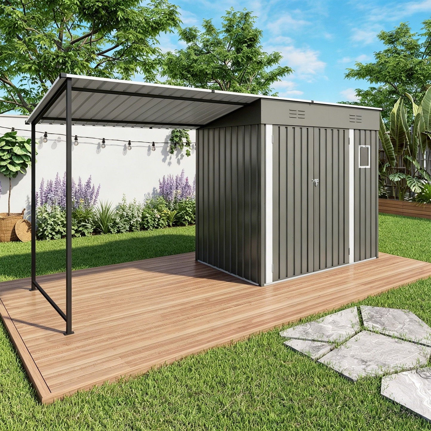 Lean To Shed With Open Sided Pergola, Outdoor Storage Shed & Attached Hardtop Gazebo Combo - Gray