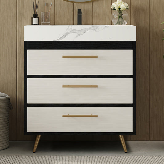 Modern Free-Standing Bathroom Vanity with Ceramic Vessel Sink & Durable Sintered Stone Top