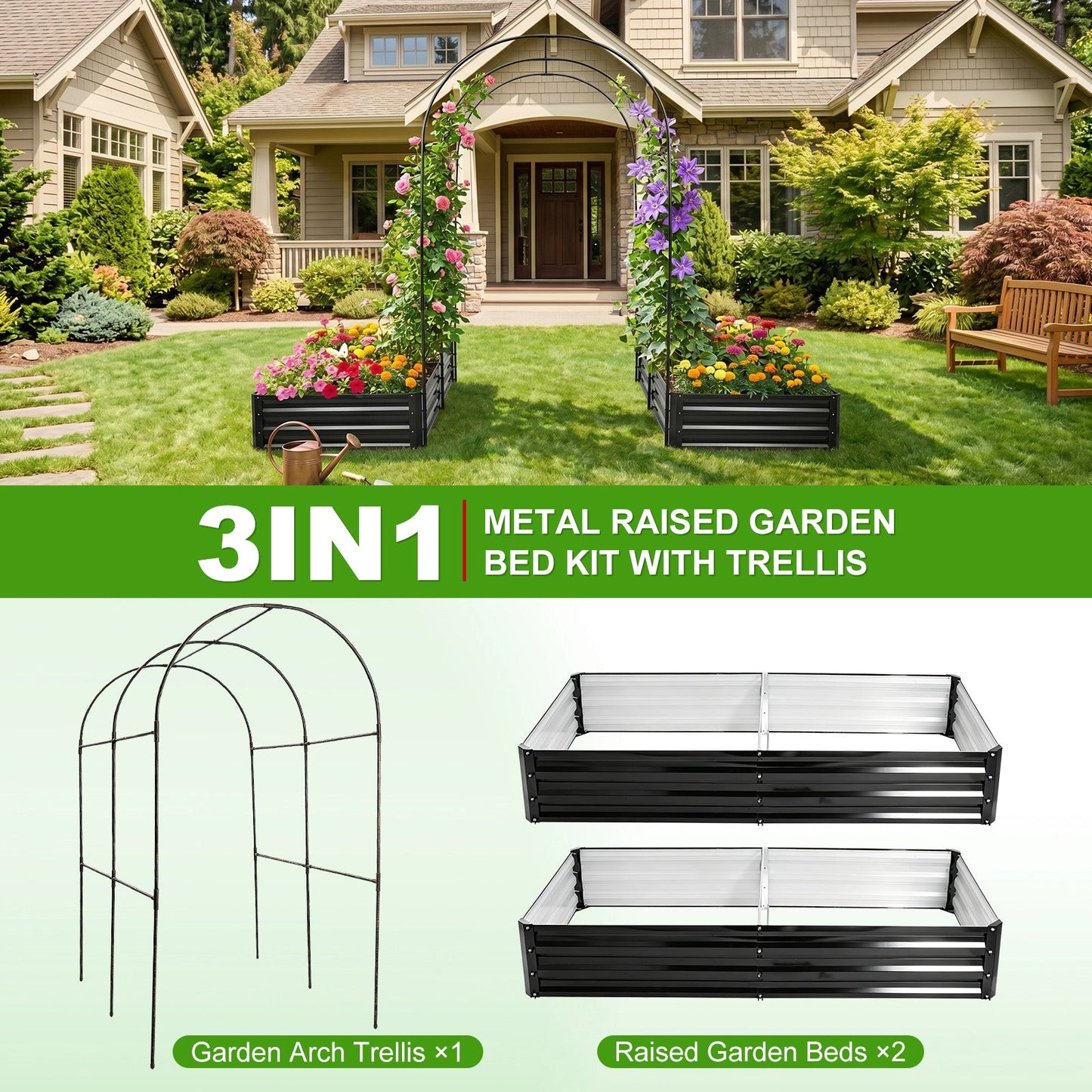 Raised Garden Bed with Arch Trellis, 2 Pack Metal Planter Boxes