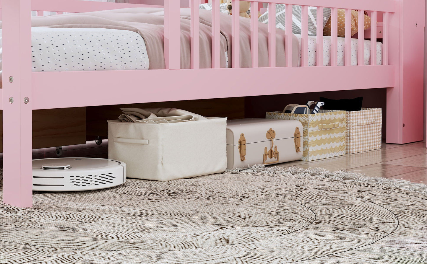 Bed With Headboard Storage Rack, 2 Under Bed Drawers, 3 Side Guardrails For Safety