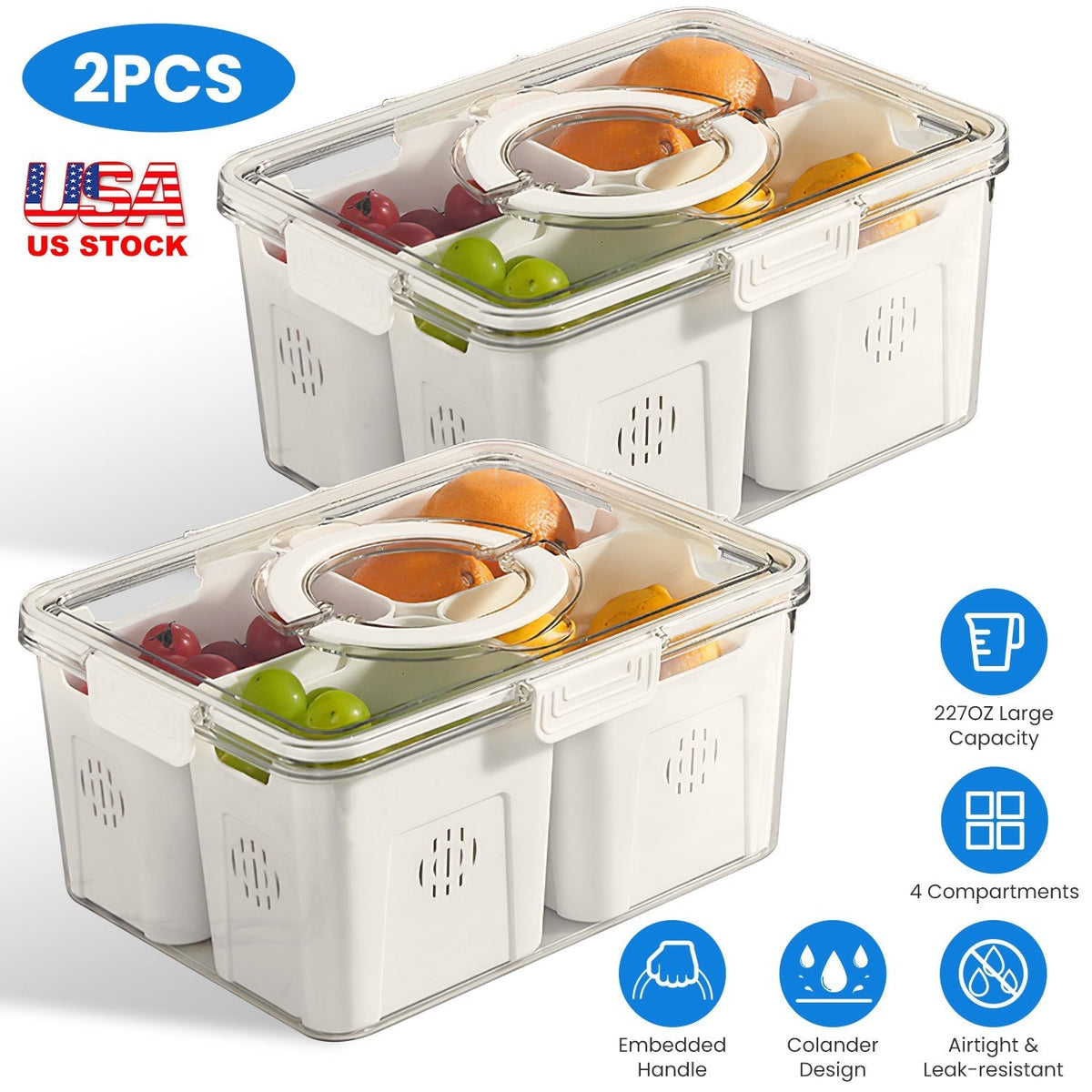 2Pack Airtight Fruit Storage Containers 4-Compartment Food Storage Containers Fruit Vegetable Organizers with 8 Removable Colanders for Fridge Picnic