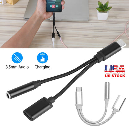 USB Type C to 3.5mm Aux Audio Charging Adapter Braided TPE Metal Shell Headphone Jack Splitter Cable Wire Charger