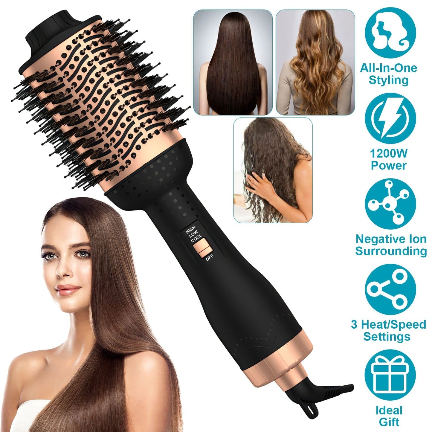 4 In 1 Hair Dryer Brush Curling Brush Hair Styler Volumizer Straightener Negative Ion Anti-frizz Hot-Air Hair Brush for All Hair Types Black White