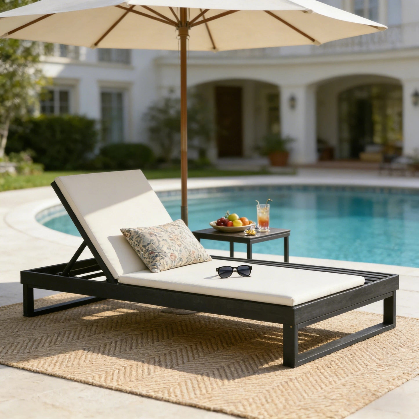 Black Acacia Wood Chaise Lounge with 1.57-Inch Cushions