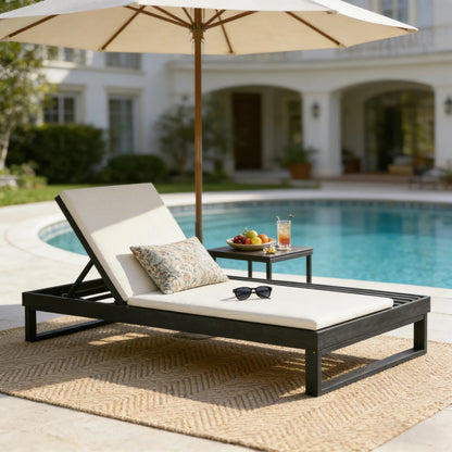 Black Acacia Wood Chaise Lounge with 1.57-Inch Cushions