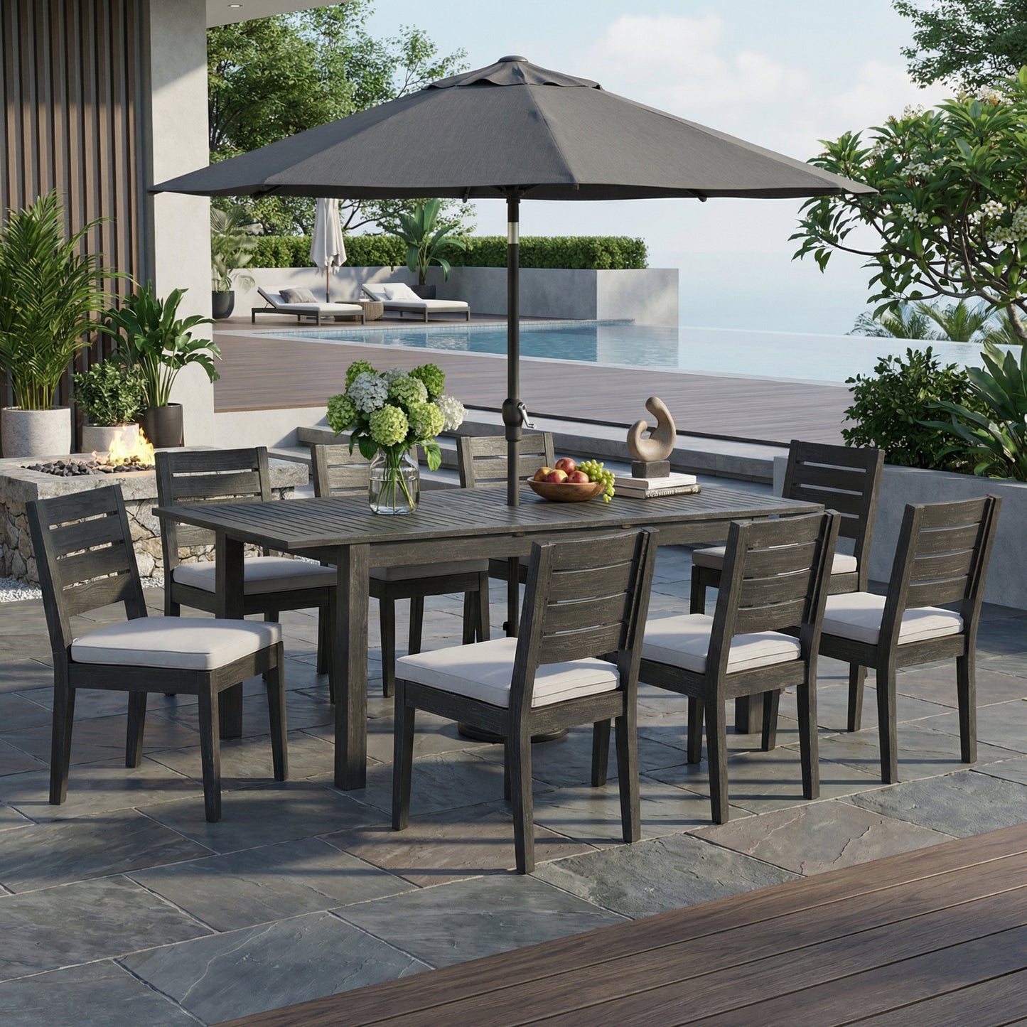 9-Piece Outdoor Dining Set with Extendable Acacia Wood Table and Cushioned Chairs