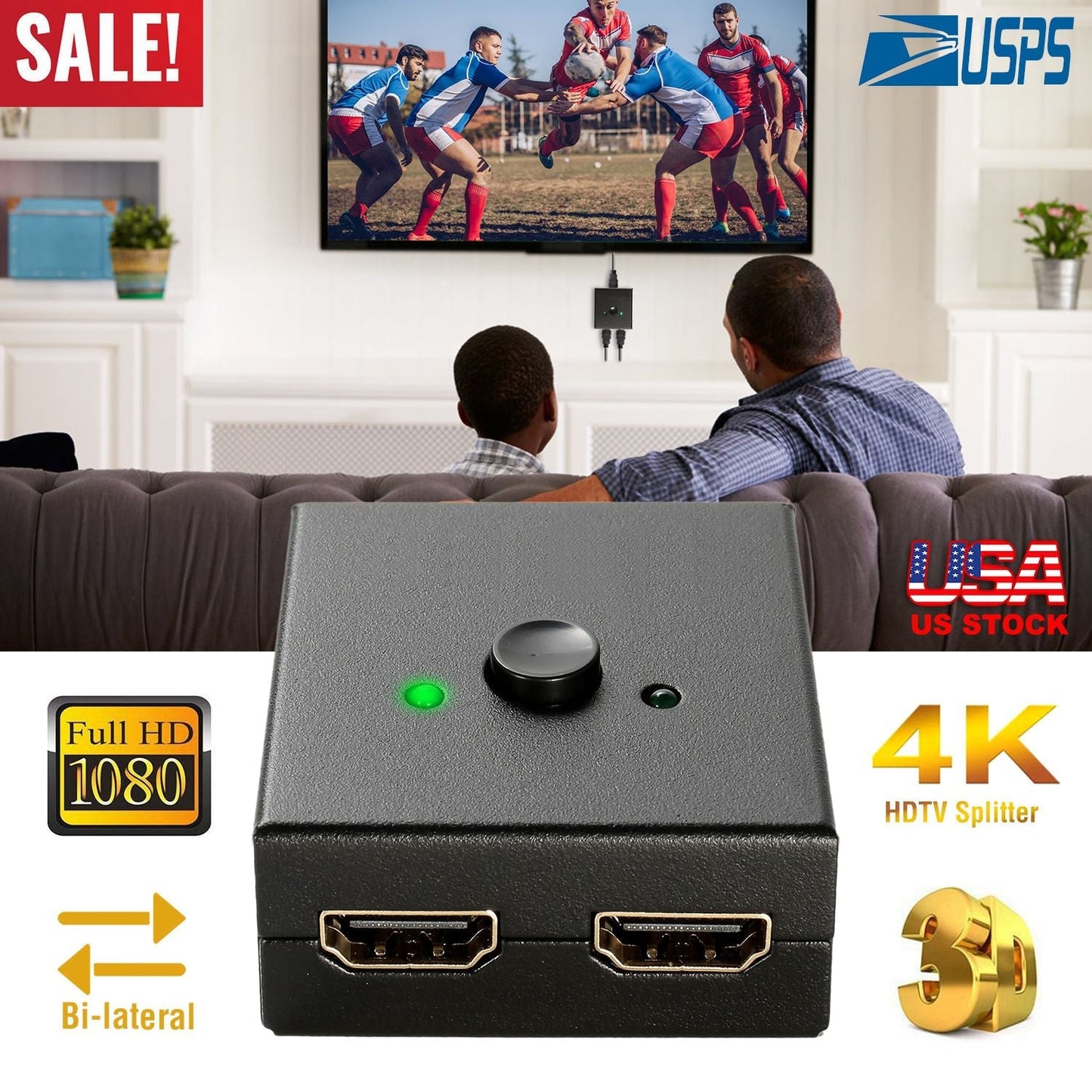 HD IN & HD OUT Bi-directional Switch Adapter 1x2 or 2x1 4K HDTV Splitter Converter Hub Manual Switcher Supports HD 3D 1080P for DVD HDTV Projector Dis