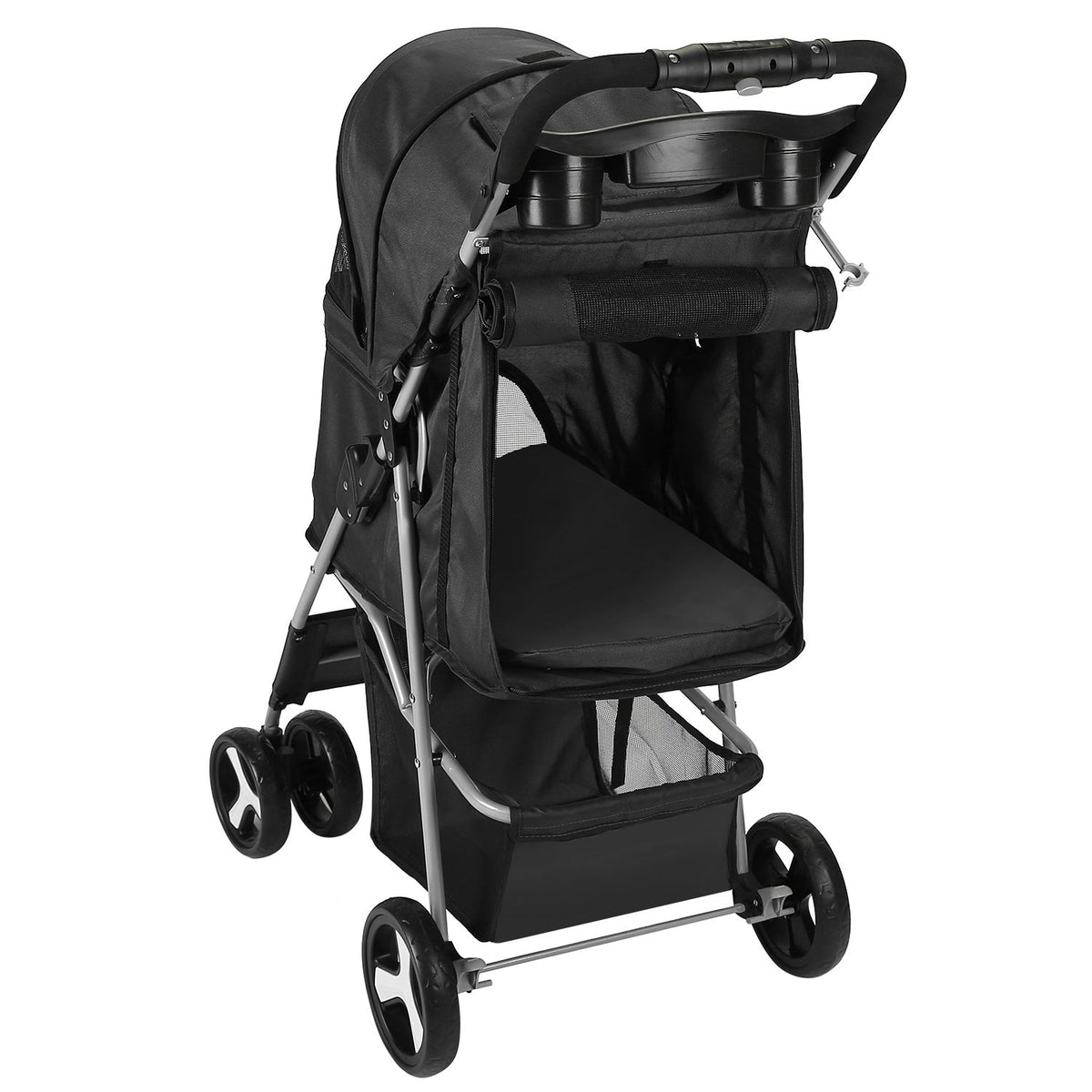 4 Wheels Pet Stroller Foldable Carrier Strolling Cart Travel Jogger Pet Stroller with Removable Liner Storage Basket for Dog Cat