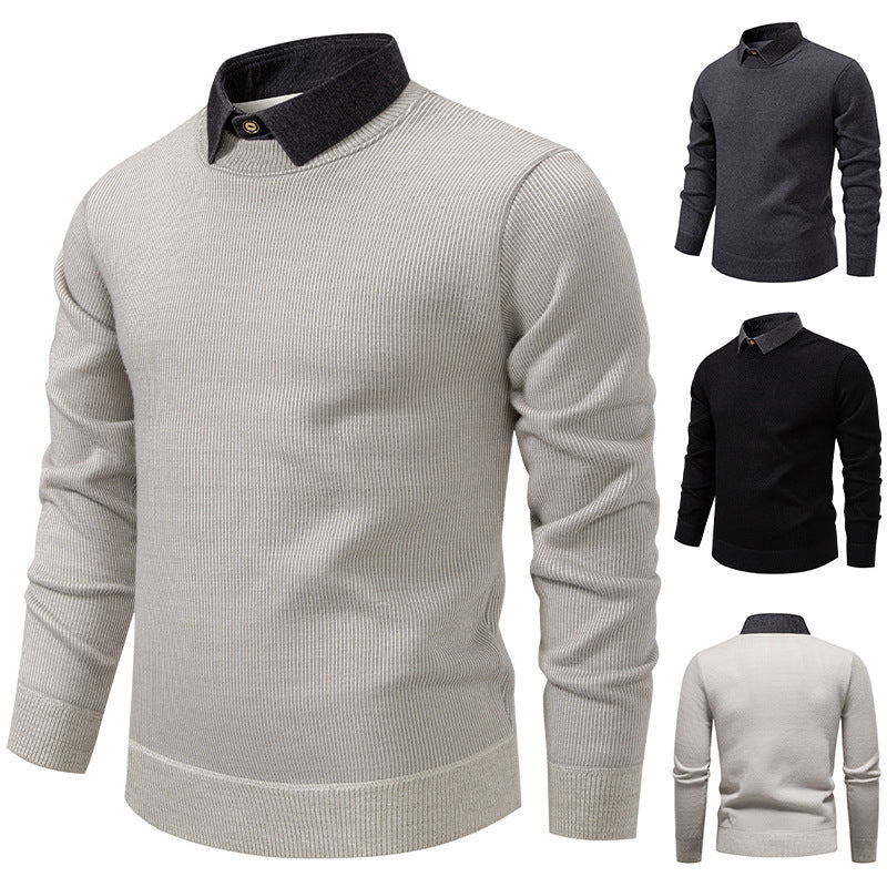 Mens Faux Two-piece Base-layer Knit Casual Shirt-collar Sweater