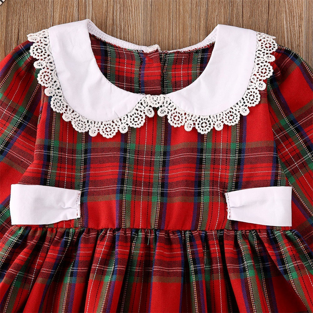 Round Neck Lace Long Sleeve Western Style Plaid Dress