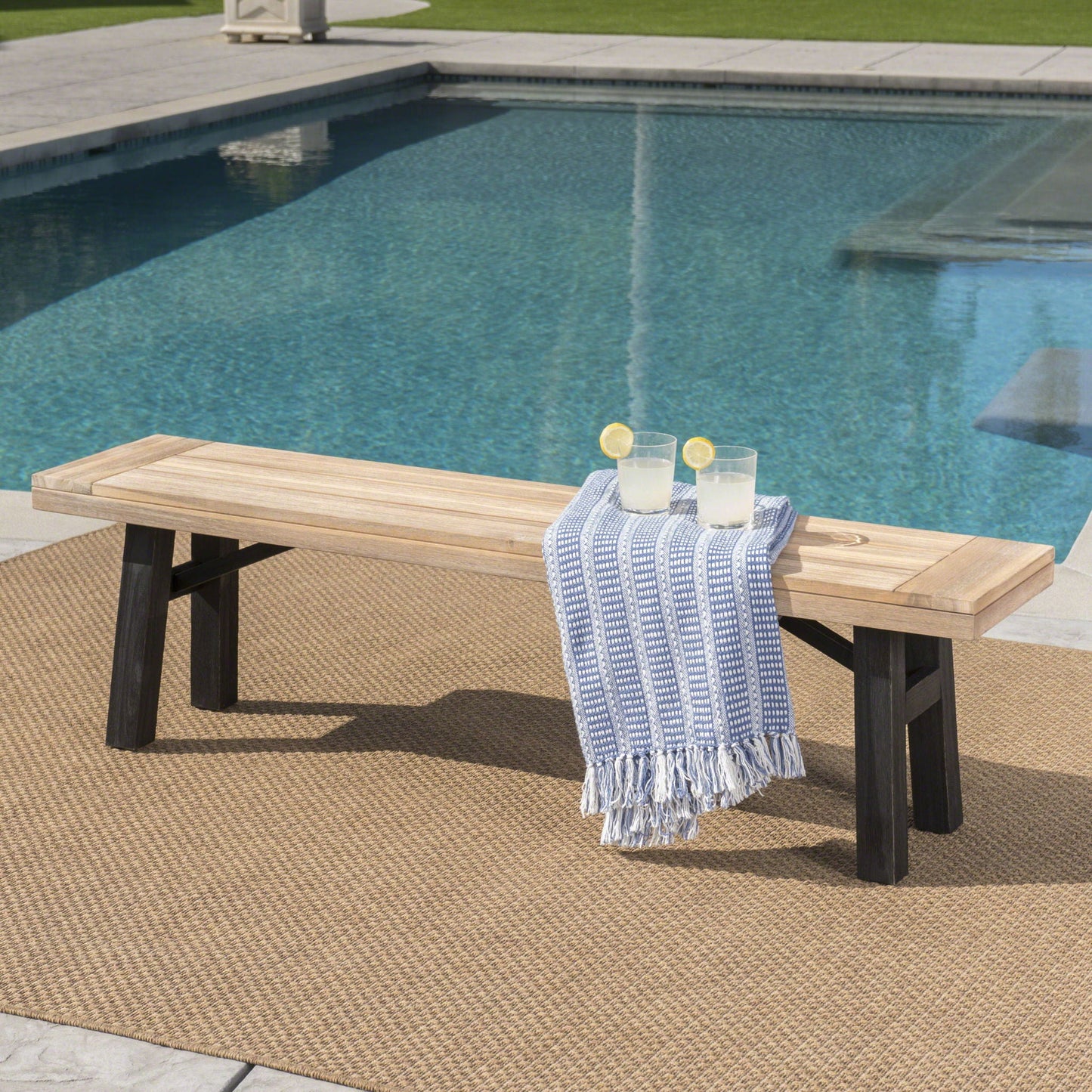 Outdoor Bench With Slat Panel Design And Acacia Wood Frame