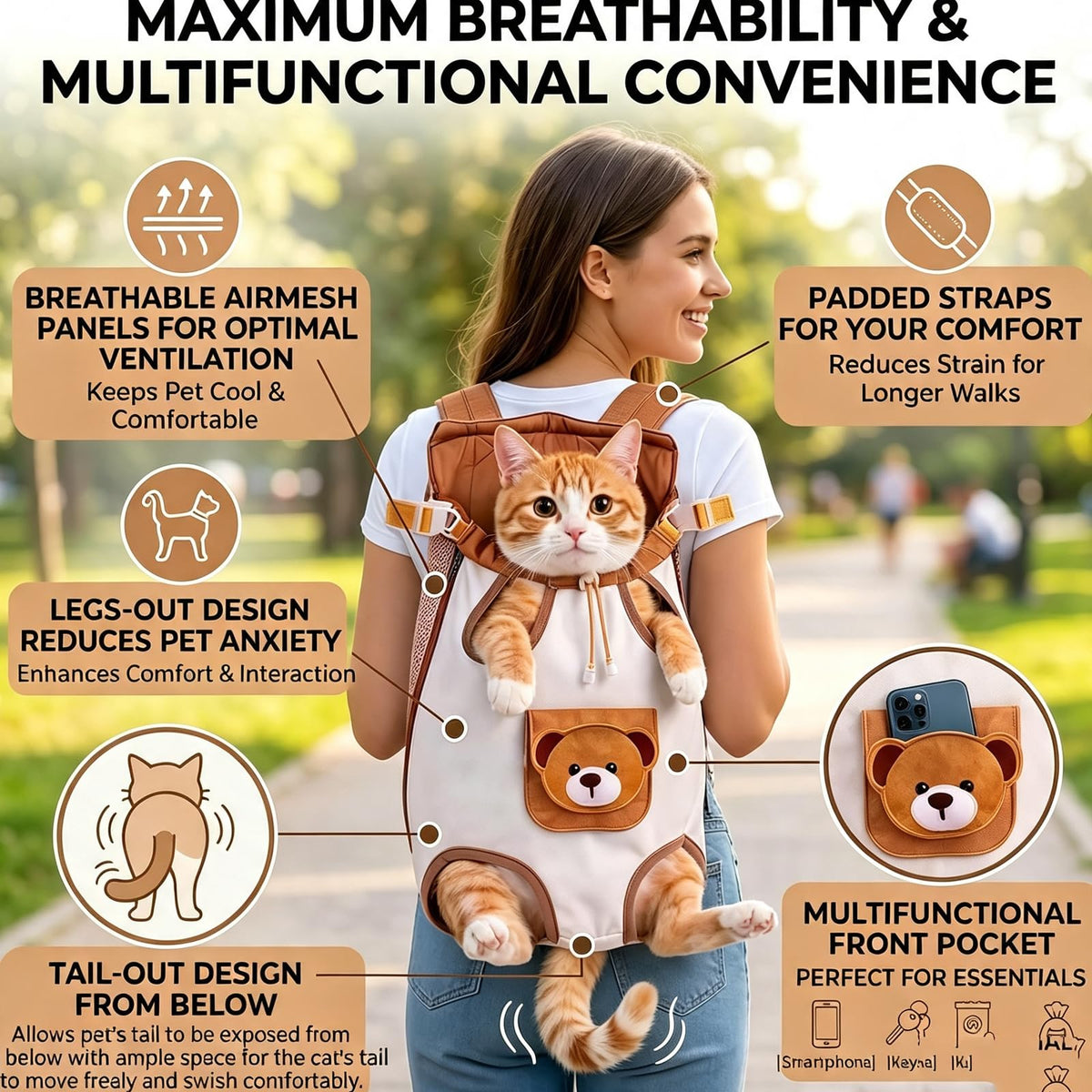 Cute Bear Pet Front Carrier Backpack, Hands Free Chest Carry Bag For Small Dogs Cats, Breathable Legs Out Design Adjustable Secure Buckles For Daily Walking Travel