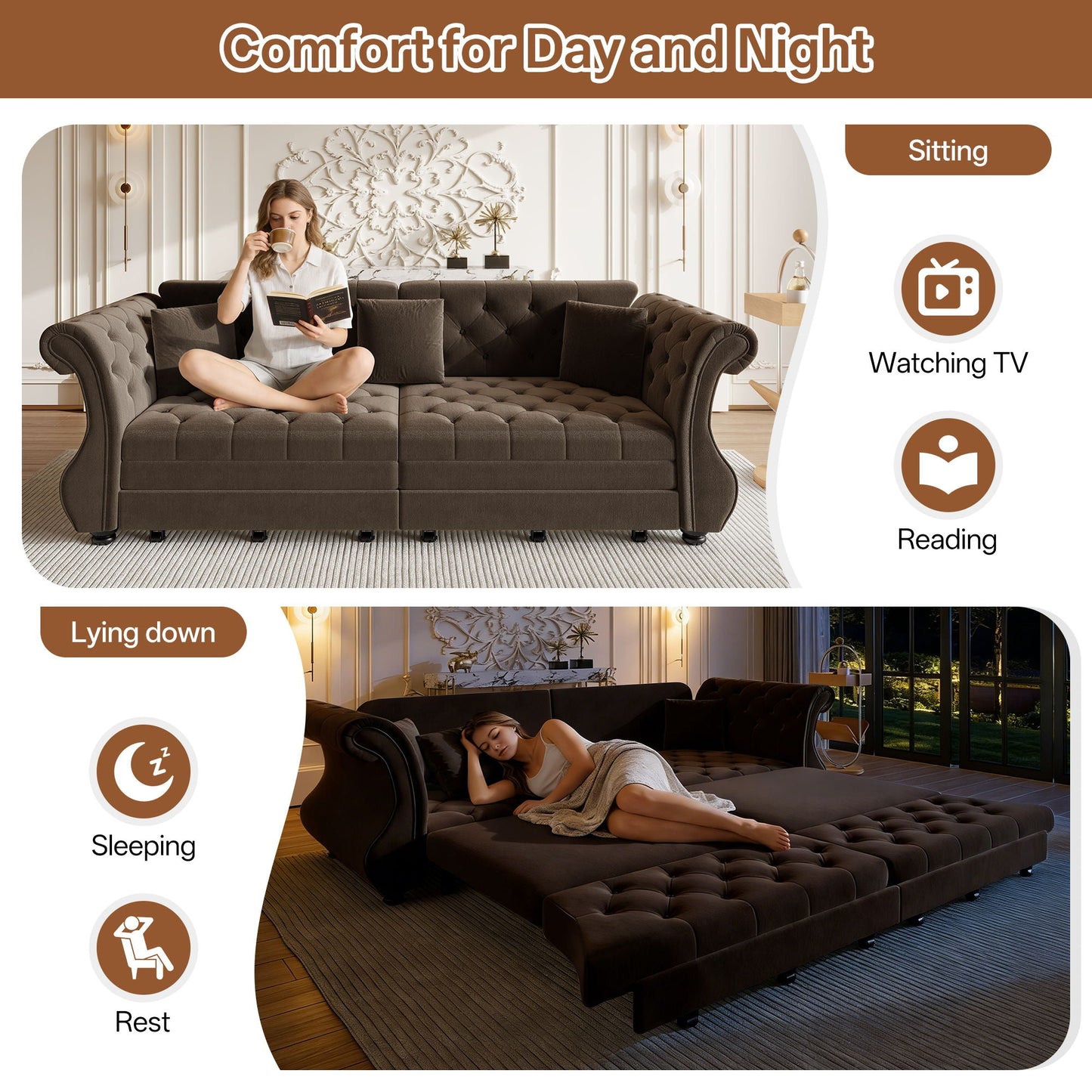 Oversized Chesterfield Pull Out Sofa Bed, Roll Arm Couch With Flower Tufting For Living Room