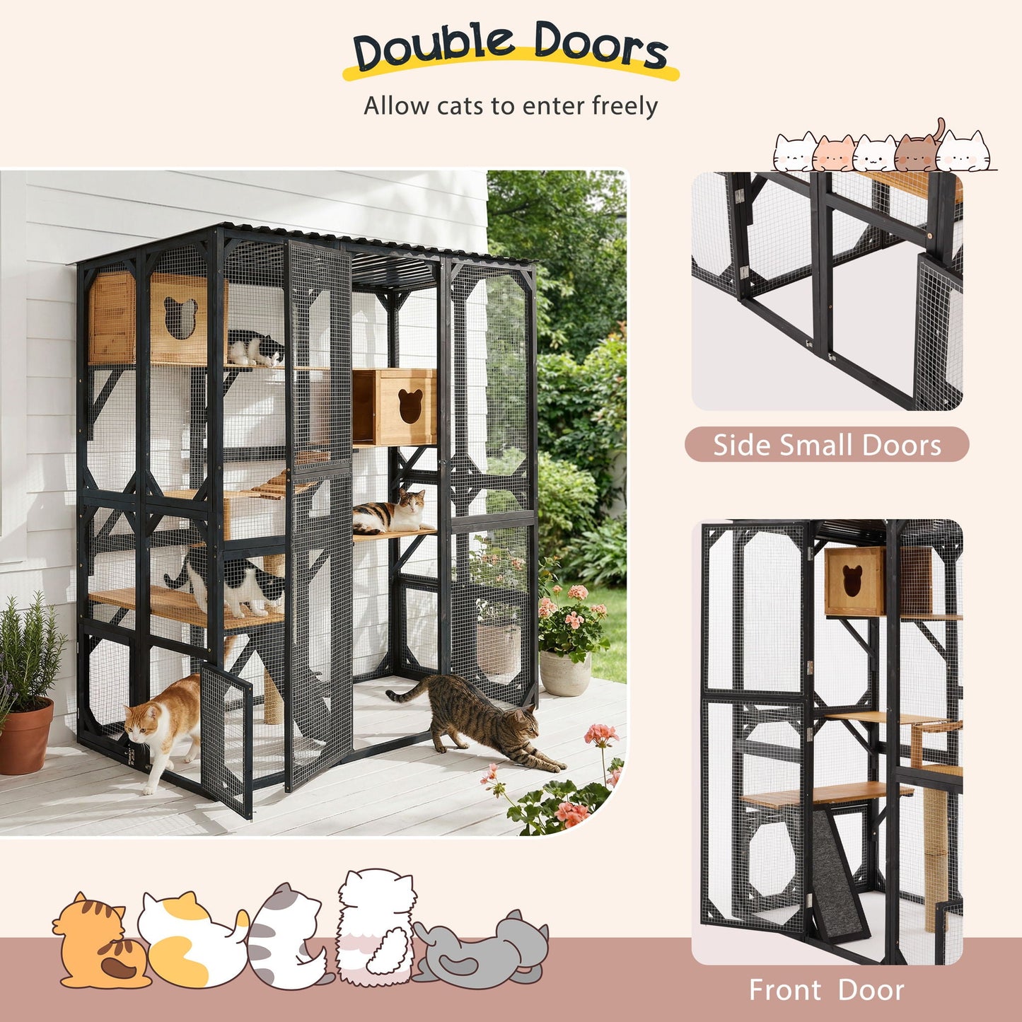 Outdoor Cat Enclosure With Sleeping Houses, Jumping Platforms, Scratching Post